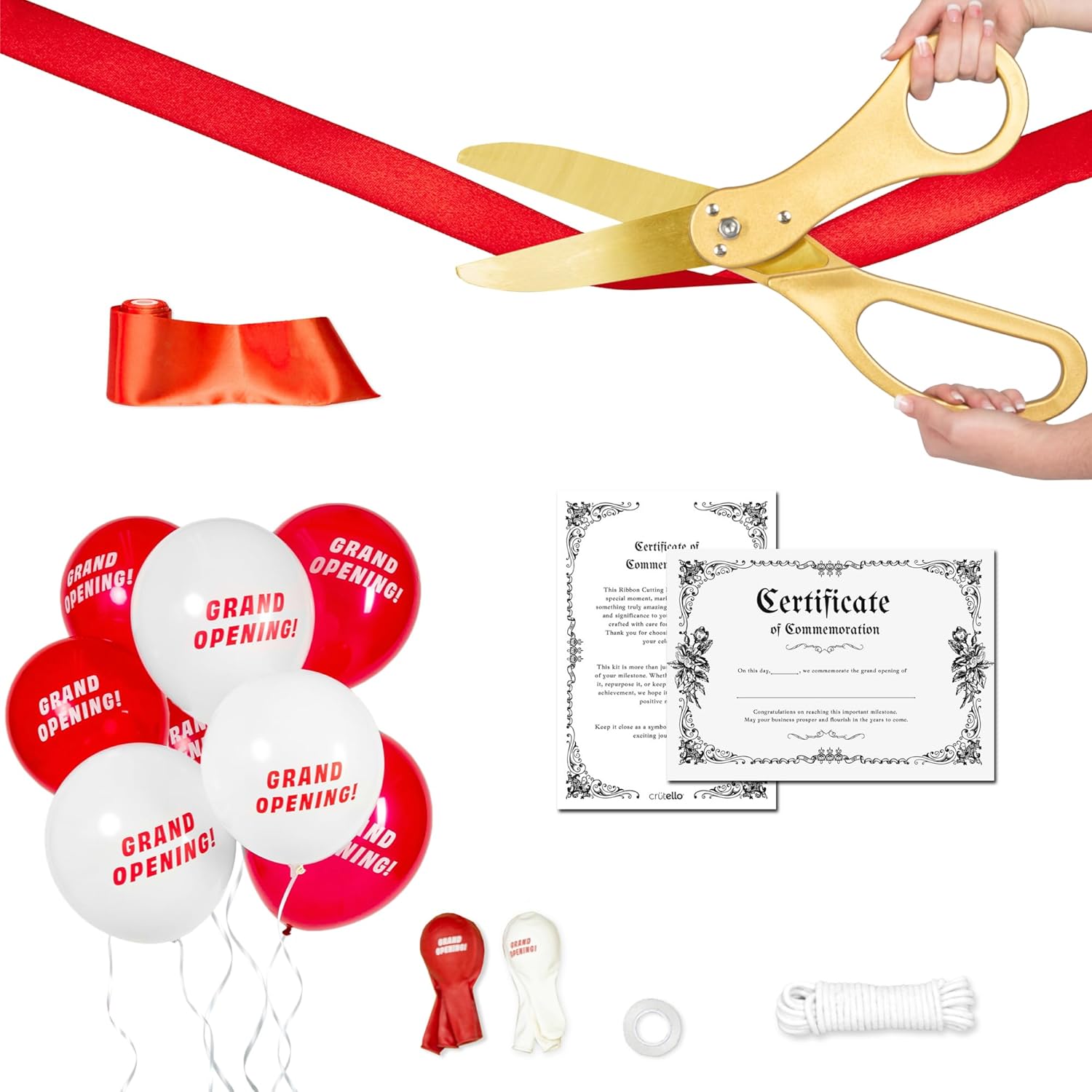 Crutello Deluxe Giant Ribbon Cutting Ceremony Kit Decorations - 20"Red Handled XL Giant Scissor, 30ft of 4"Wide Red Ribbon, 10ft Grand Opening Decorations Banner, 20 Balloons, Banner & Balloon Rope