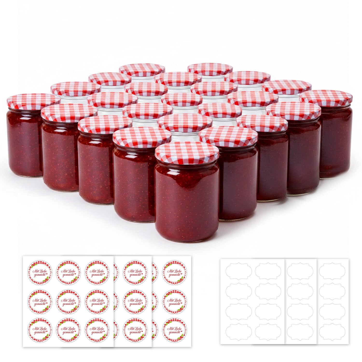 ComSaf 240ml Marmeladengläser Klein mit Rot-Weiß Kariertem Deckel 24er Runde Klein Einmachgläser mit Schraubdeckel & Etiketten, Luftdichte Schraubgläser mit Deckel für Selbstgemachte Marmelade Honig