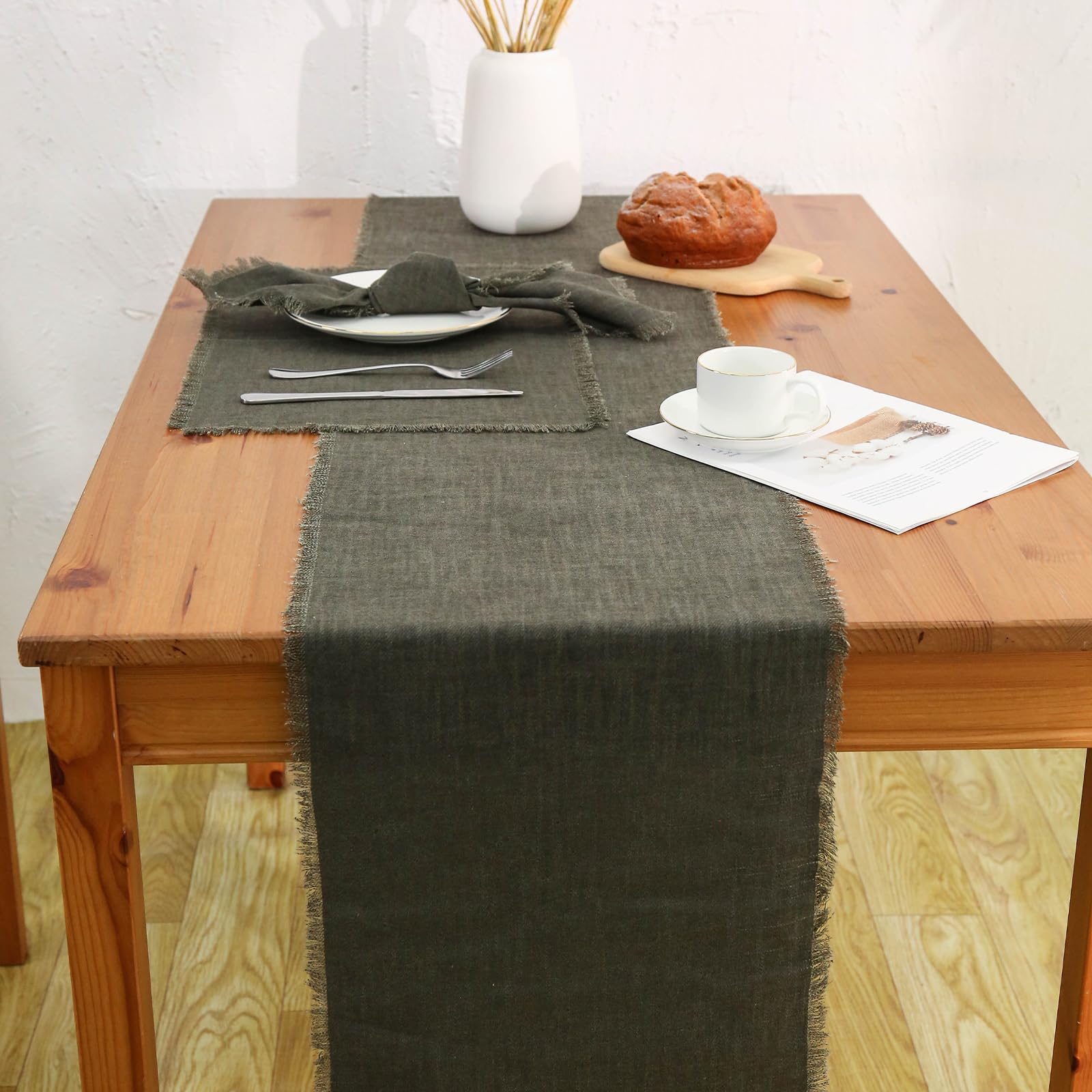 Photo 1 of 14x72 Inch Linen Style Table Runner, 100% Pure Ramie Farmhouse Table Runner, Dining Table Runner for Wedding, Parties, Everyday, Holidays-Army Green Green Table Runners 14" x72"