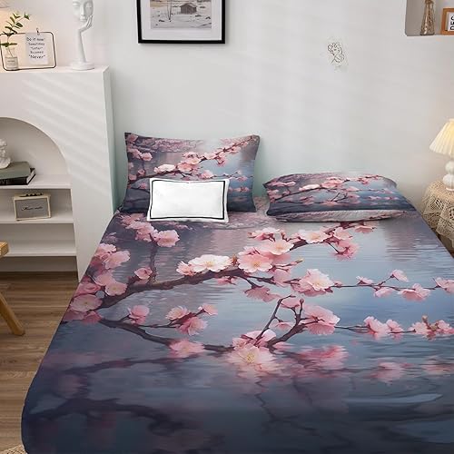 Miniatura 9 de Z9-&-199 - Juego de sábanas con estampado de flor de cerezo tamaño Queen, sábanas y fundas de almohada de anime Sakura, sábanas y fundas de