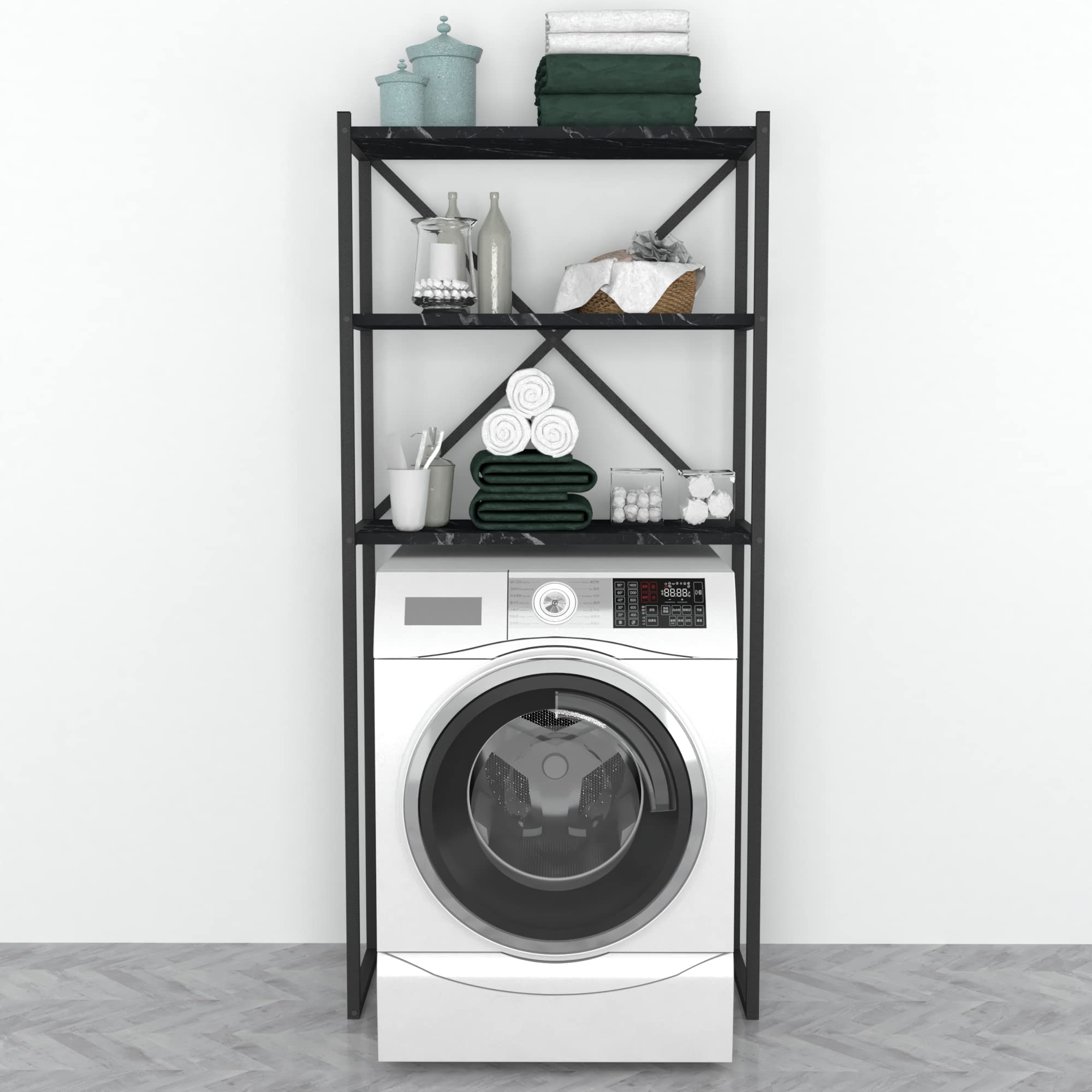 [en.casa] Estantería Alta para Lavadora Askersund Mueble de Baño de 3 Niveles Armario de Baño para Inodoro Secadora Aglomerado/Metal 160 x 66 x 34 cm - Efecto Mármol Negro