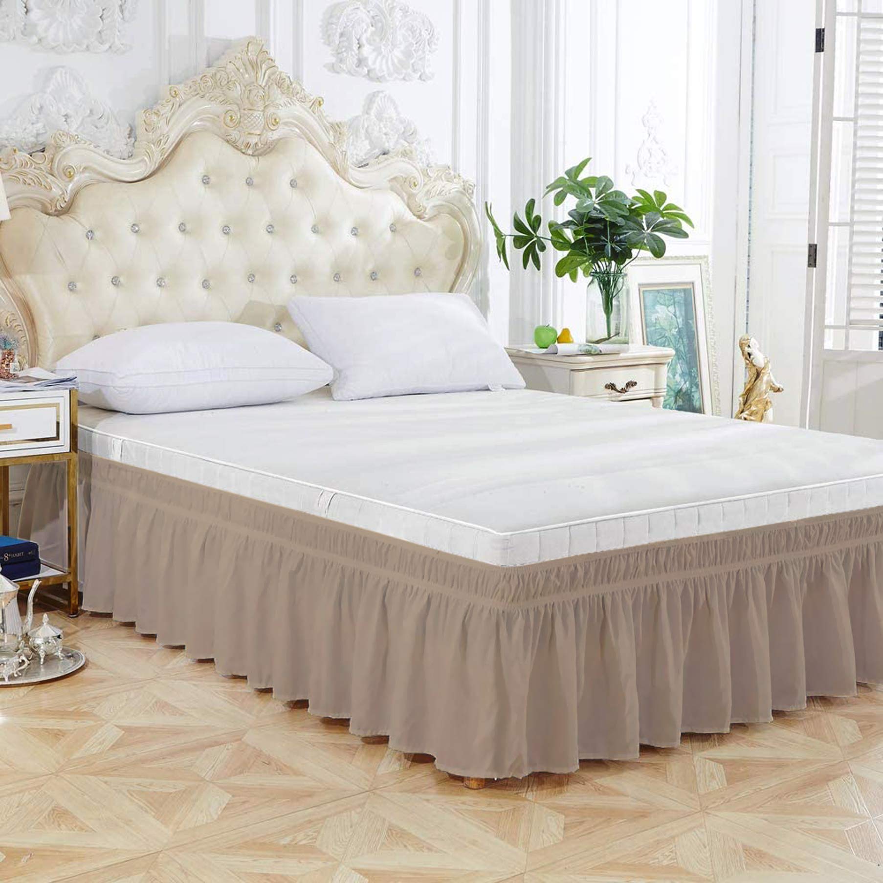 Wrap Around Bed Skirt Queen Size (60" W x 80" L) Microfiber 1800 Thread Count with Adjustable Three Fabric Sides Elastic Belts, Easy Fit Bed Skirt - 10" Height (Taupe Solid) Color-image-44