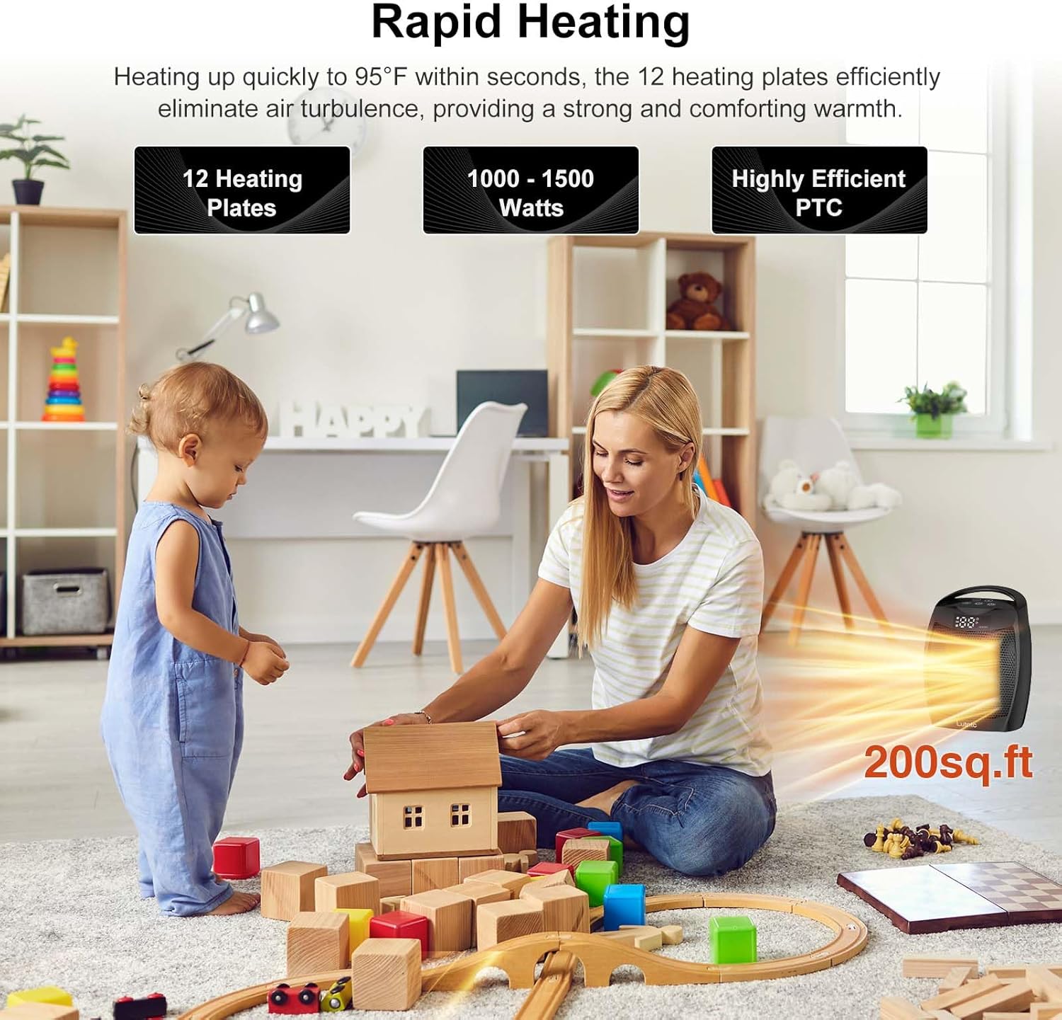 Portable Ceramic Space Heater 1500W, Fast Heating, Digital Display with Touch Controls, Built-in Handle, Overheat and Tip-Over Protection, Ideal for Home, Bedroom, and Office Heating