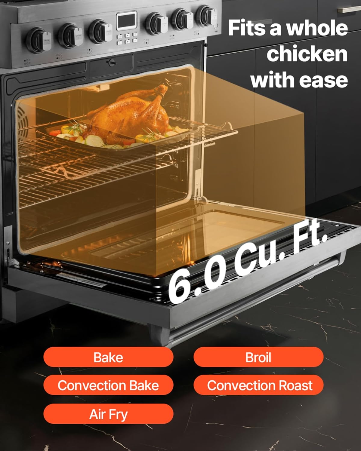 VEVOR Gas Range Oven, 36 Inches Width, Freestanding Stainless Steel Stove and Oven with 6 Sealed Cooktop Burners, Easy Reach Racks, Halogen Light, 6.0 Cu. Ft. Capacity, for Home Apartment Kitchen