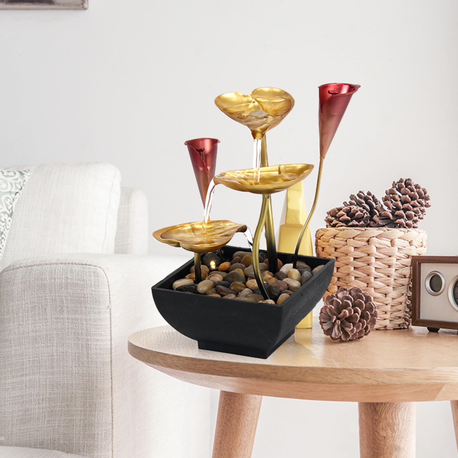 Fontana da tavolo a forma di foglia di loto con luci a LED e accenti di calla, fontana zen da interni per decorazione e relax in casa e ufficio