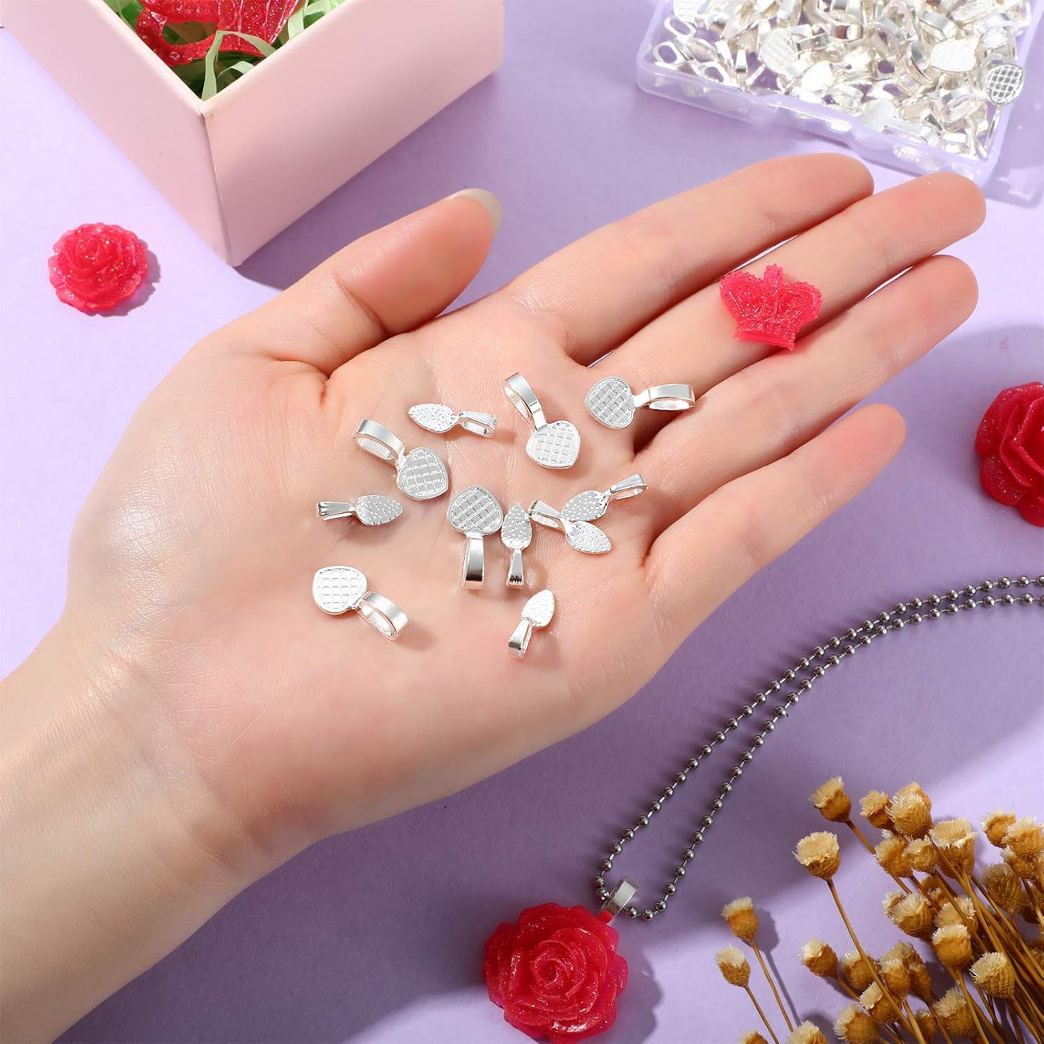 Yaomiao 100 Pieces Spoon Glue on Bails Pendant Jewelry Bails Shiny Silver Color Oval Heart Shape Glue on Necklace Earring Pendant Small Spoon Charms for DIY Jewelry Making Craft Supplies Glass Tiles - Image 7