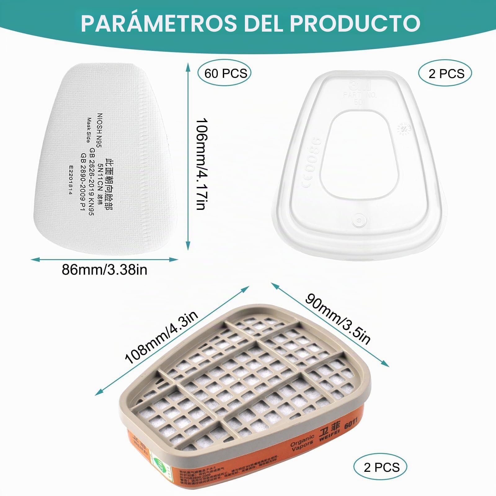 6001 Filtros de Protección Respiratoria, Filtros Algodón Particulado, Cartuchos y Filtros para Respirador Anti Polvo, Compatibles con 6100/6200 / 7501/7502 / 6502/6800 3M Filters