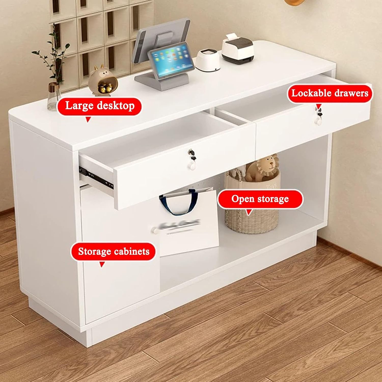 Reception Desk with Counter, Reception Desk, Front Desk, Counter Desk with Lockable Drawers, Checkout Counter, Reception Room Table for Beauty Salon Shop Office(White+Pink,60cm/23.6in)