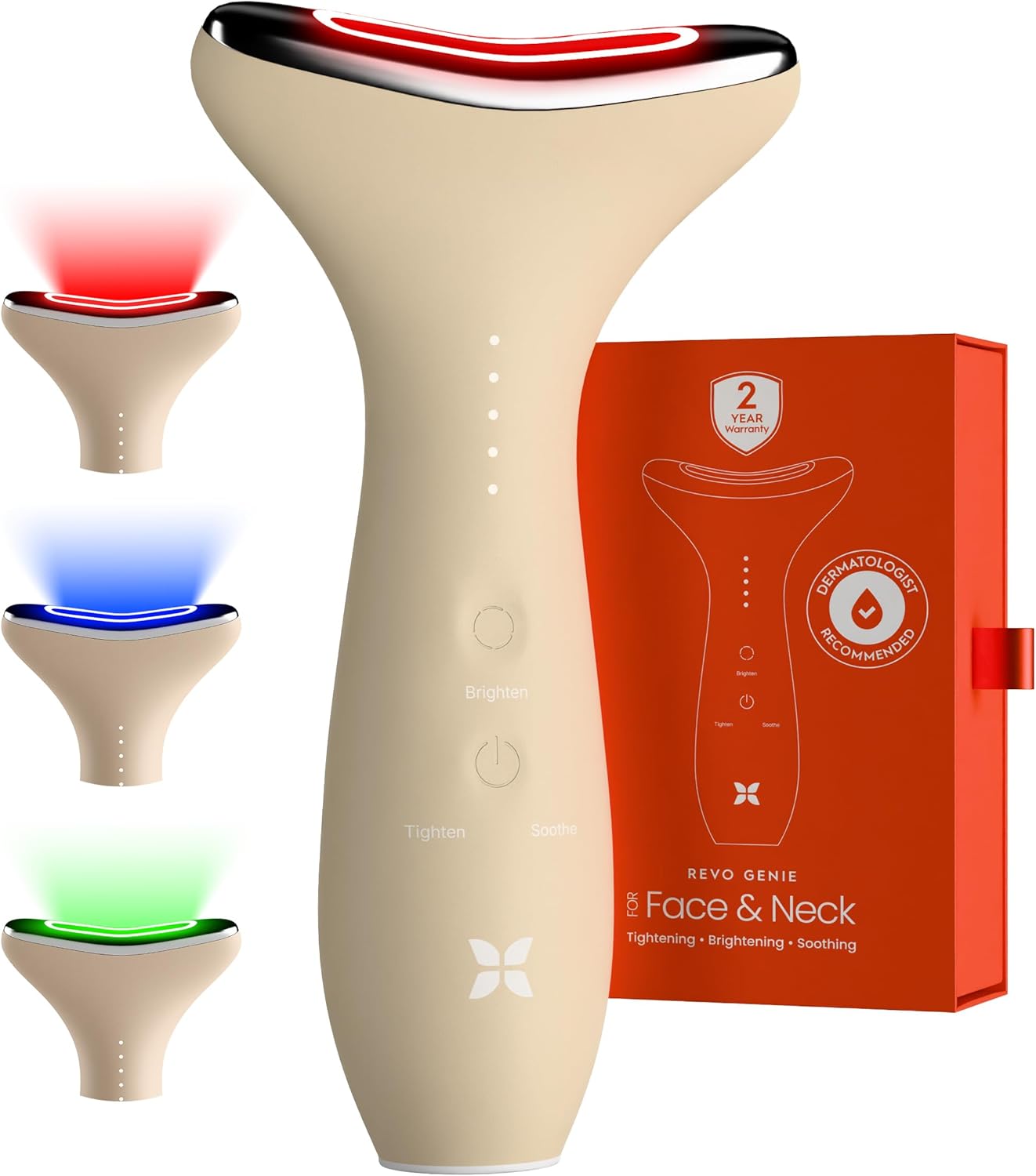 REVO Genie | 3-in-1 Face & Neck Beauty Massager with Heat, 3 Light Therapies, Smart Vibration | Red Light, Blue Light, Green Light Therapy for Smooth Glowing Skin