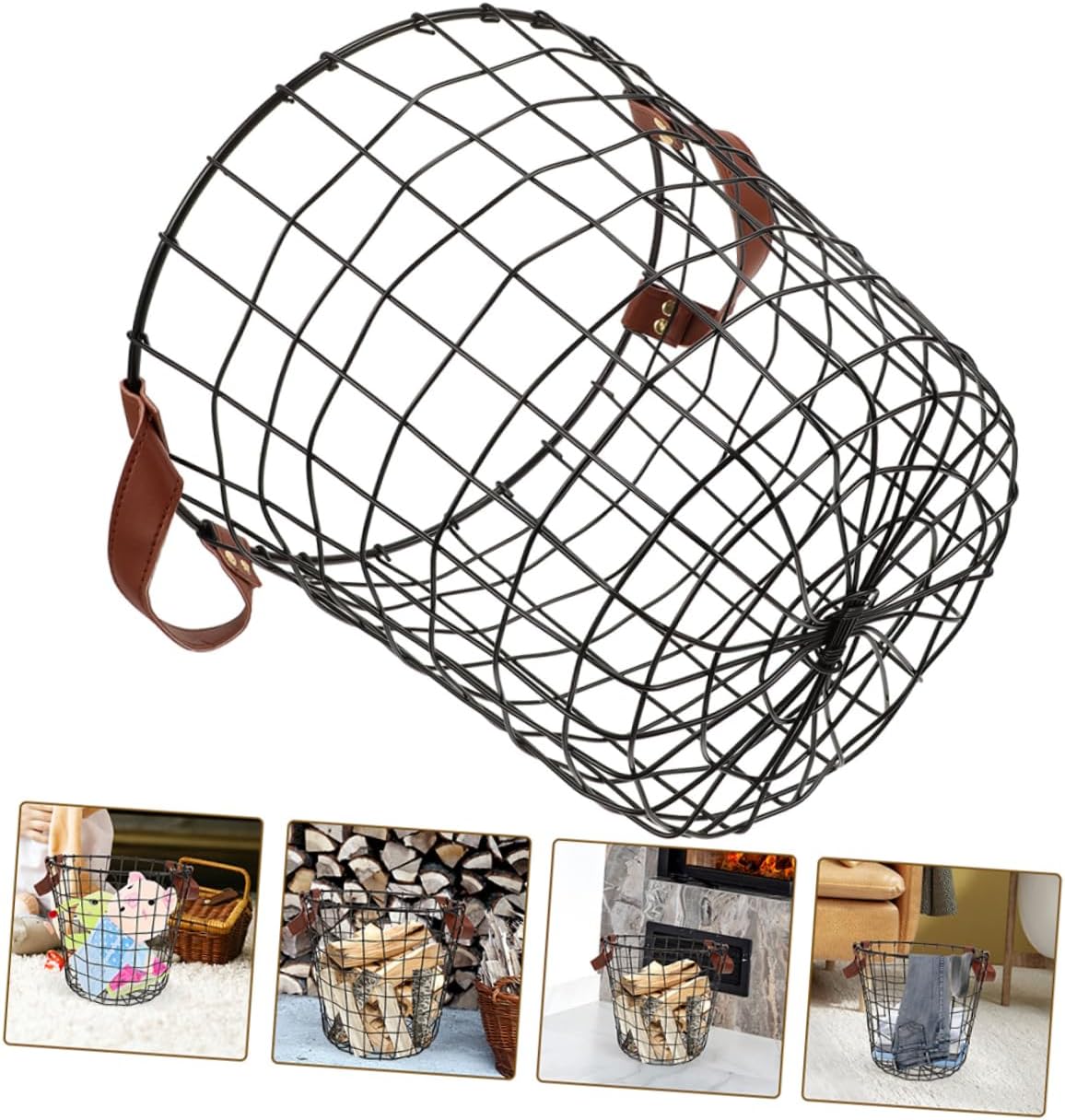 2Pcs Round Metal Firewood Storage Basket for Outdoor Use Rustic Iron Firewood Holder with Handles Sturdy Logging Carrier for Fireplace and Wood Storage