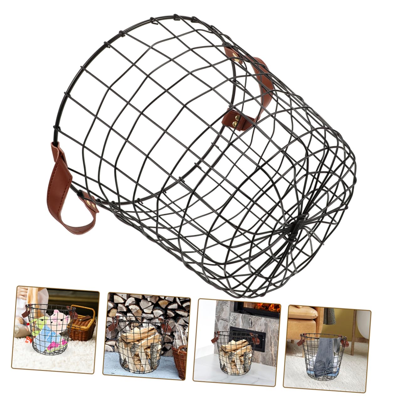 Happyyami 2 Cestas Organizadoras de Leña con Asa Plegable de Hierro Negro Gran Capacidad para Almacenar Troncos en Chimenea y Exterior