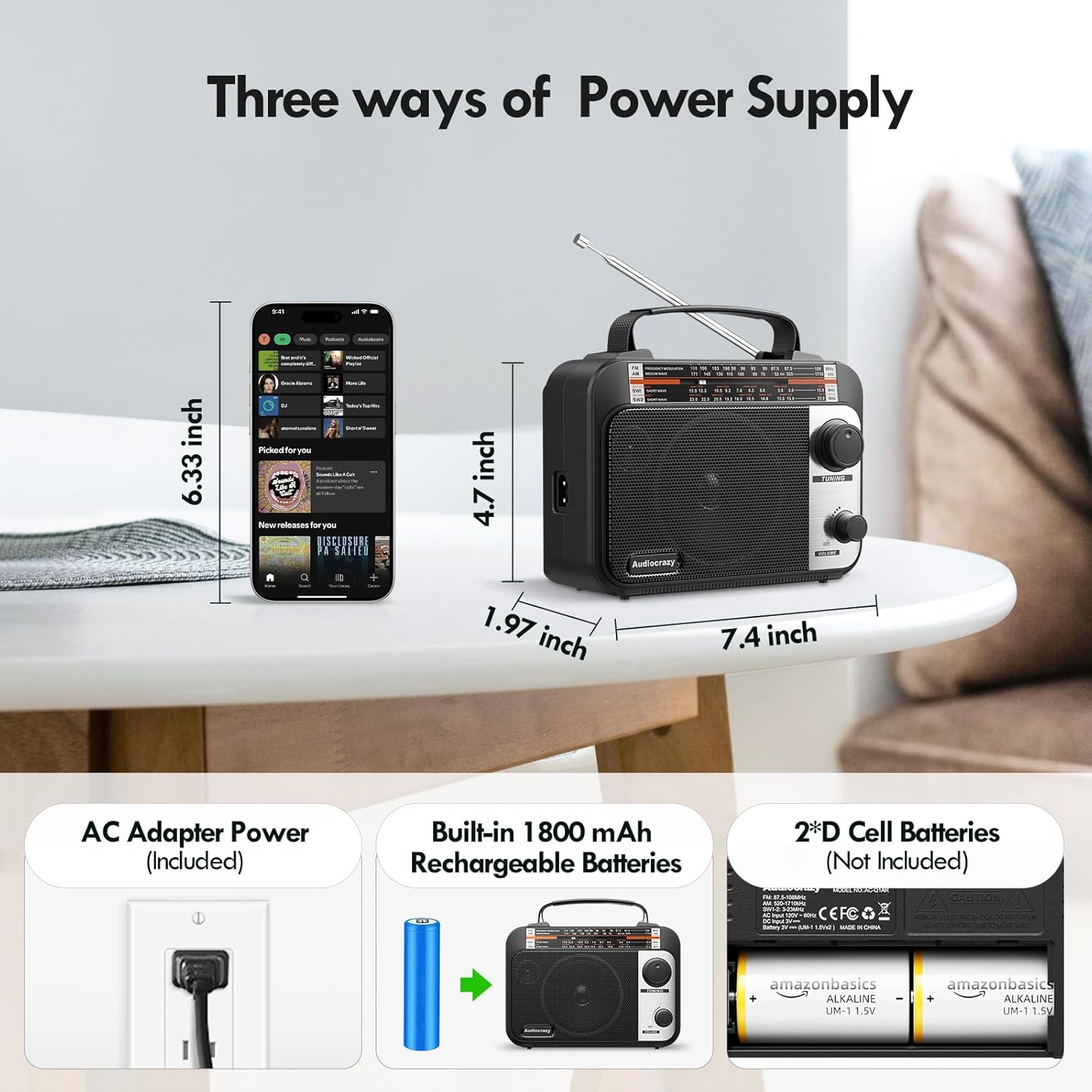 Multi-Band AM/FM/SW1-2 Radio Transistor Radio AC or Battery Operated with Best Reception Big Speaker and Precise Tuning Knob with AUX in & 3.5mm Earphone Jack