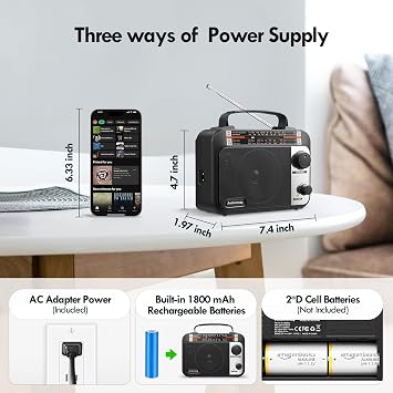 Multi-Band AM/FM/SW1-2 Radio Transistor Radio AC or Battery Operated with Best Reception Big Speaker and Precise Tuning Knob with AUX in & 3.5mm Earphone Jack