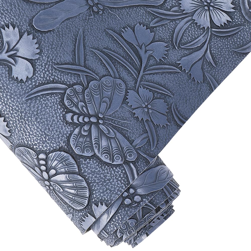 CALFOVERA 1.37×0.3M Blue Embossed PU Leather Sheets Textured Vintage Floral Pattern PU Leather Fabric Synthetic Material Leatherette Roll for DIY Earrings Upholstery Sewing Crafts Making