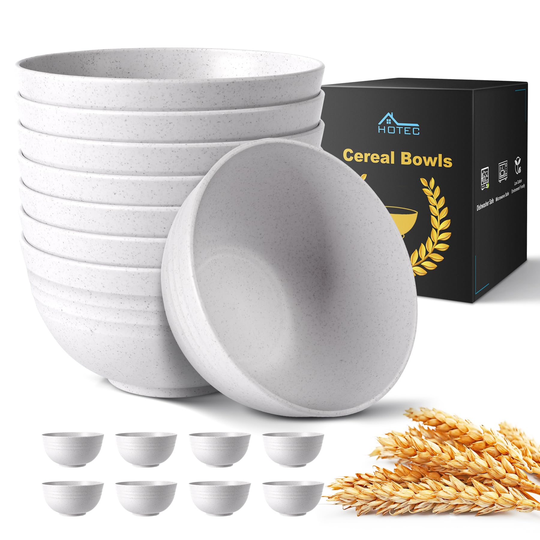 HOTEC Unbreakable Wheat Straw Cereal Bowls - Microwave & Dishwasher Safe Soup and Salad Bowls BPA Free, Set of 8, 26oz, White