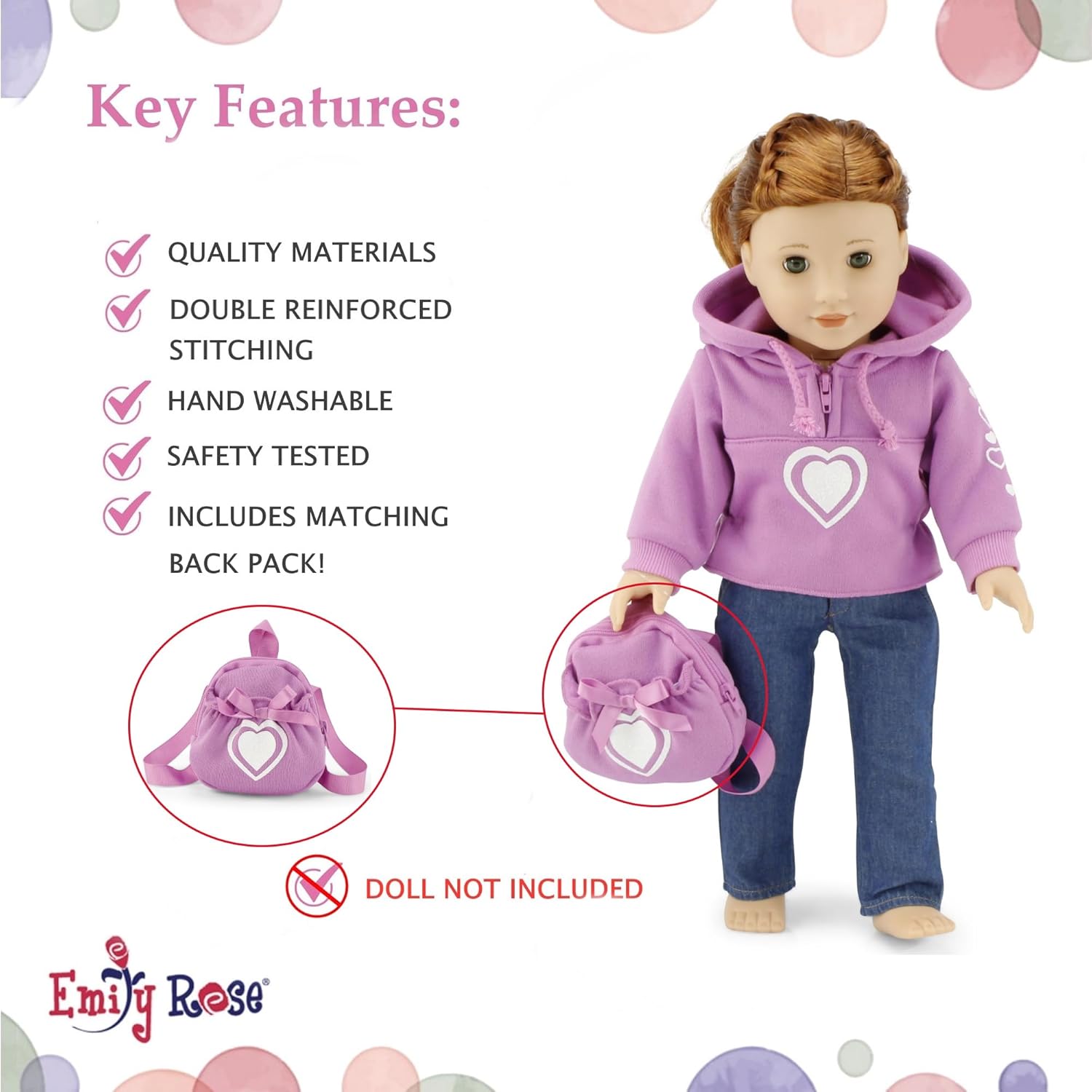 Emily Rose 18-inch Doll Pink Hoodie Outfit - 3-Piece Set with Sweatshirt, Jeans & Matching Backpack - Gift Boxed 18” Doll Clothes – Compatible with American Girl & Our Generation Dolls