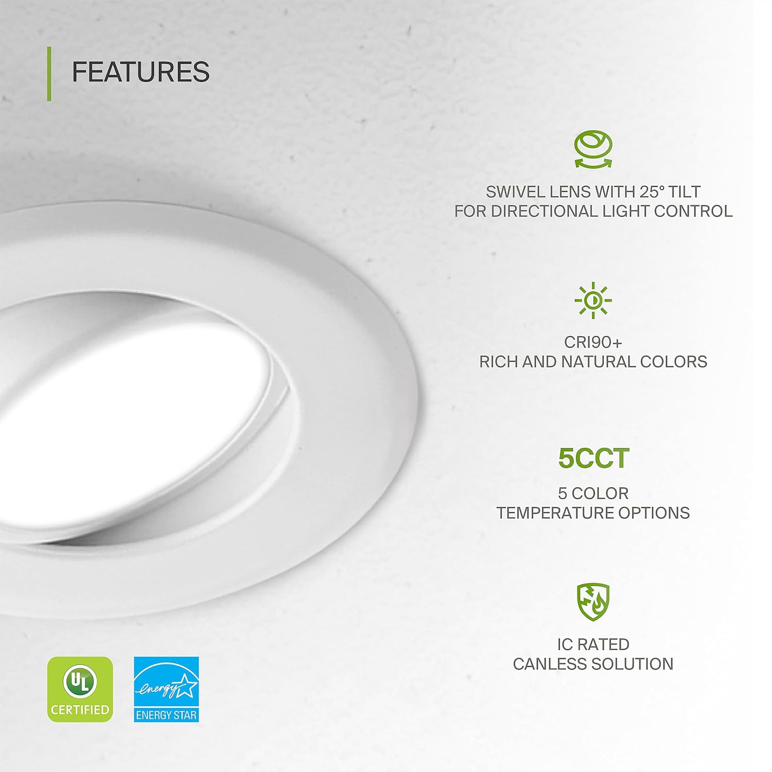 ASD 4 Inch Gimbal LED Recessed Light with Junction Box, 12W 842Lm, 2700K/3000K/3500K/4000K/5000K Adjustable Directional Lighting, Dimmable Rotatable Slim Swivel Spotlight, UL Energy Star White 6 Pack