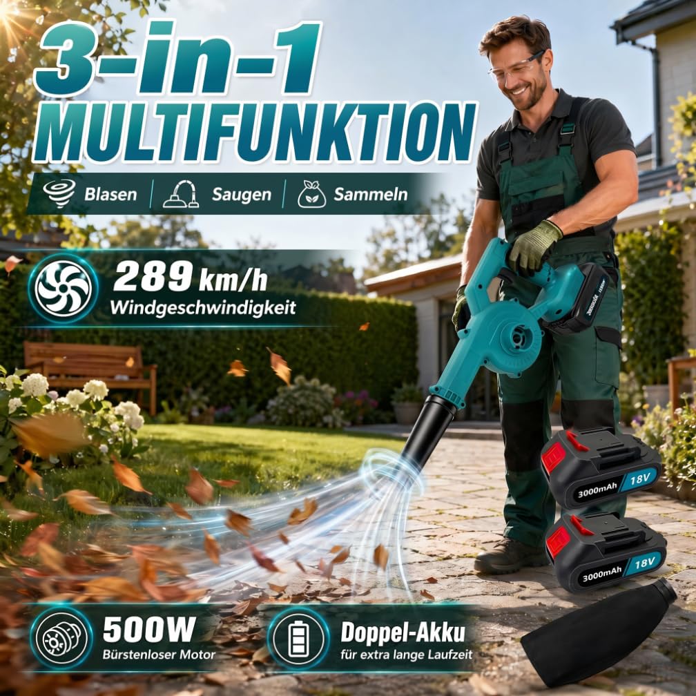Akku Laubbläser 500W mit 2X 3000mAh Akku und Ladegerät, 210 km/h 3-in-1 Laubbläser & Laubsauger, 32000 U/min Stufenlose Geschwindigkeit, Kompatibel mit Makita-Akku, für Garten Hof Terrasse Auto