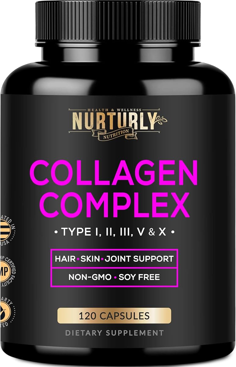 NURTURLY Multi Collagen Peptides Powder Capsules - Hydrolyzed Collagen Peptides Types (I, II, III, V & X) - Collagen Supplements for Hair, Skin & Nails - 120 Capsules