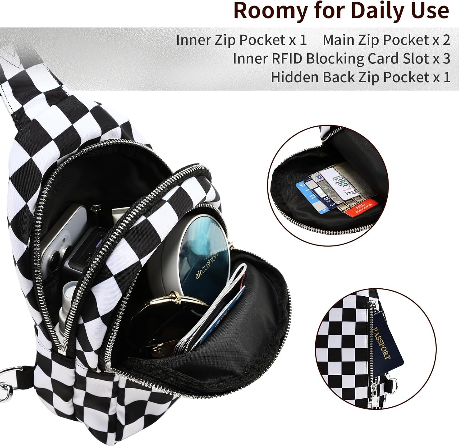 Small Checkered Sling Bag for Women, RFID Crossbody Bags Nylon Sling Backpack Purse for Travel (Black Checkered) - Image 3