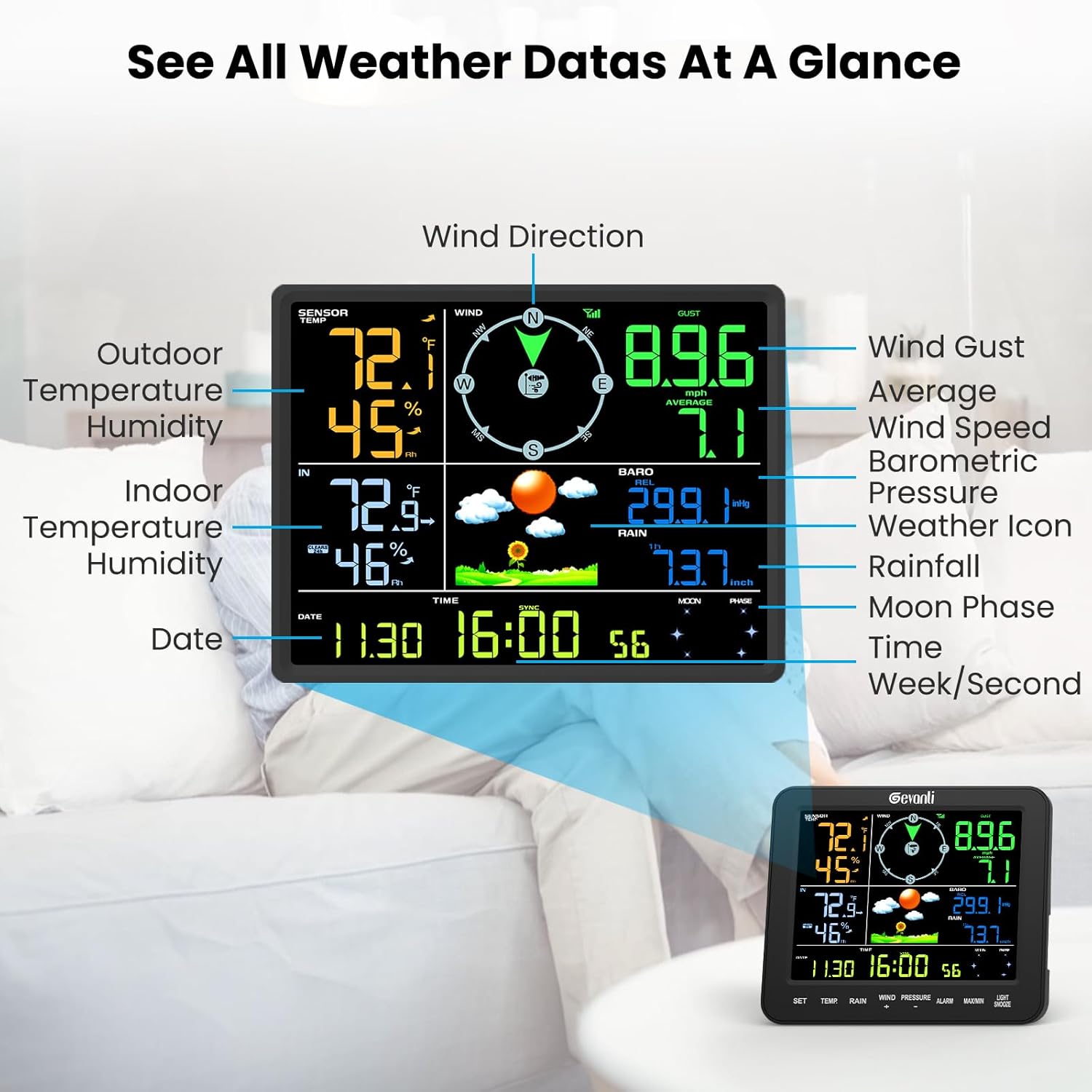 SA8 Home Weather Station with Rain Gauge and Wind Speed, Weather Stations Wireless Indoor Outdoor with Rain Gauge Outdoor, Forecast, Temperature, Humidity, Moon Phase, Alarm Clock(No WiFi)