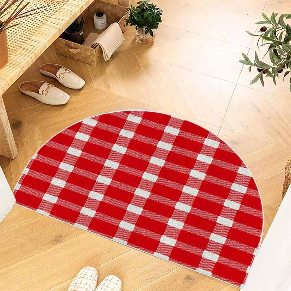 EMMTEEY Red and White Gingham Half Moon Kitchen Rug Area Rug Washable Entryway Rug 24x36 Semicircular Indoor Doormat Rug Half Circle Small Non-Slip Carpet for Entrance Kitchen Bedroom Bathroom