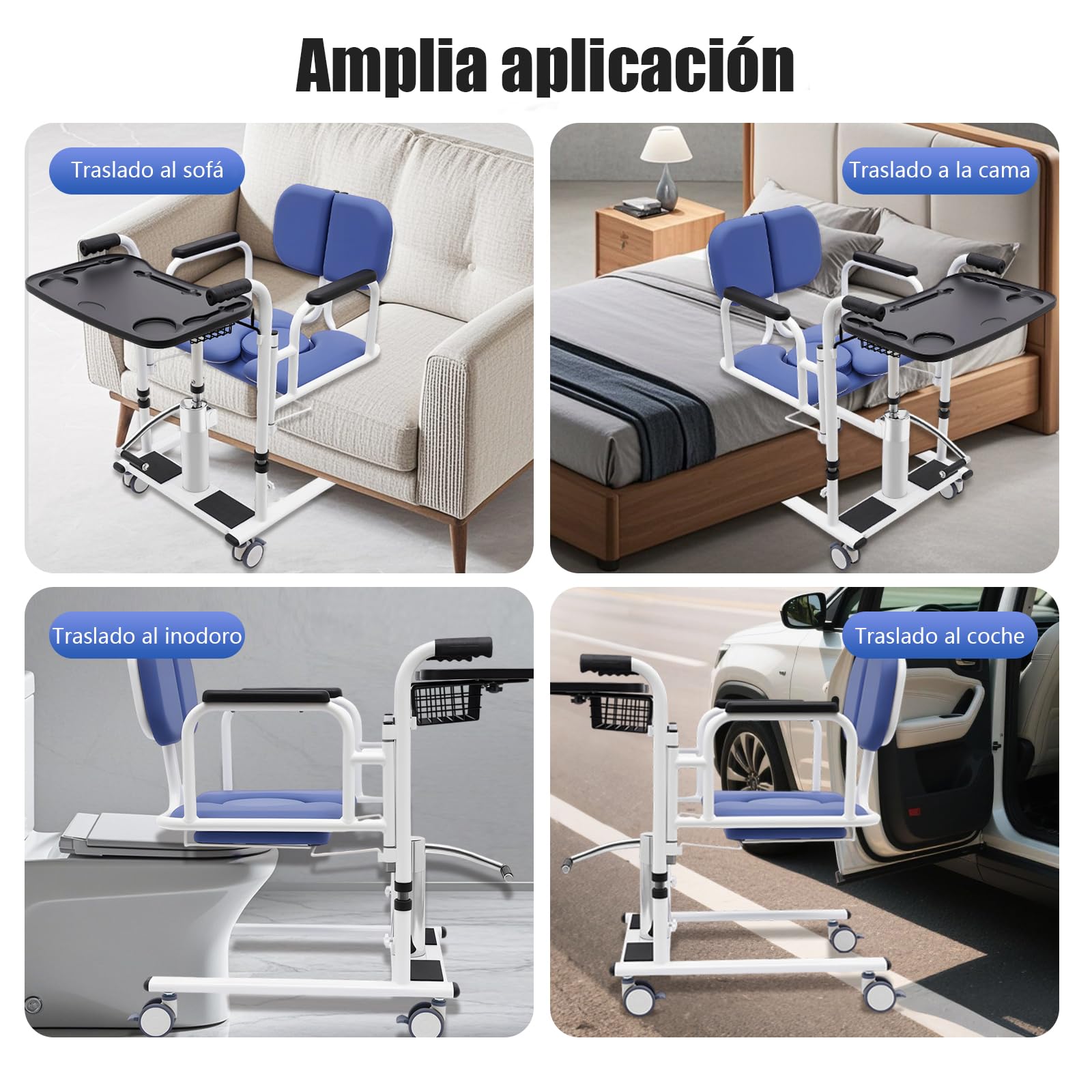 Silla hidráulica de transferencia para pacientes, capacidad de carga de 150 kg, respaldo de apertura de 180°, altura regulable de 41 a 65 cm, elevador de pacientes con mesa, función de aseo, para