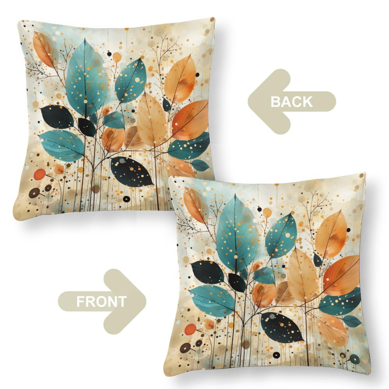 16x16" Teal & Gold Autumn Leaves Throw Pillow Cover | Satin Fall Decor With Hidden Zipper