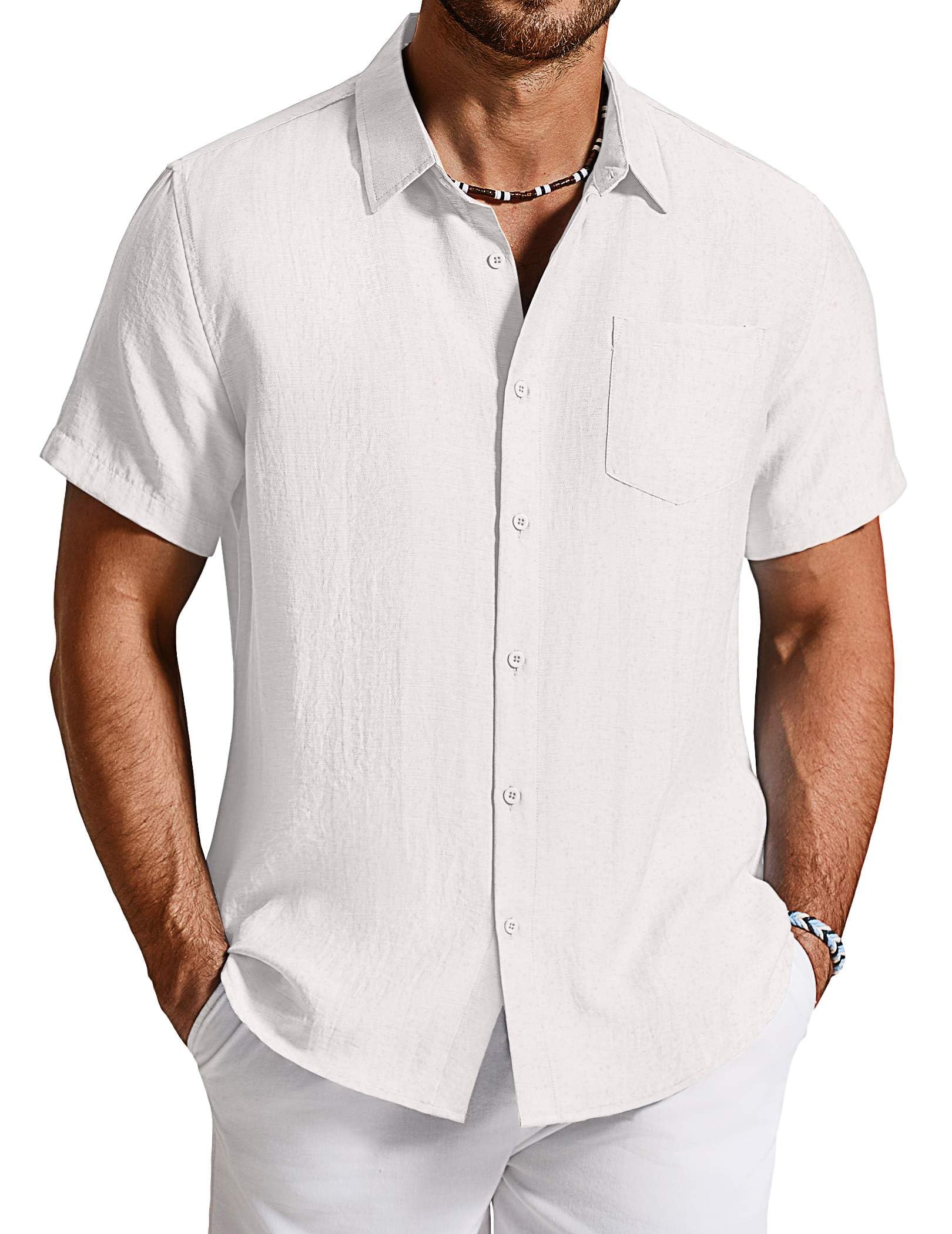 COOFANDY Linen Shirts for Men Short Sleeve Button Down Shirt Casual Beach Summer Vacation Shirt with Pocket