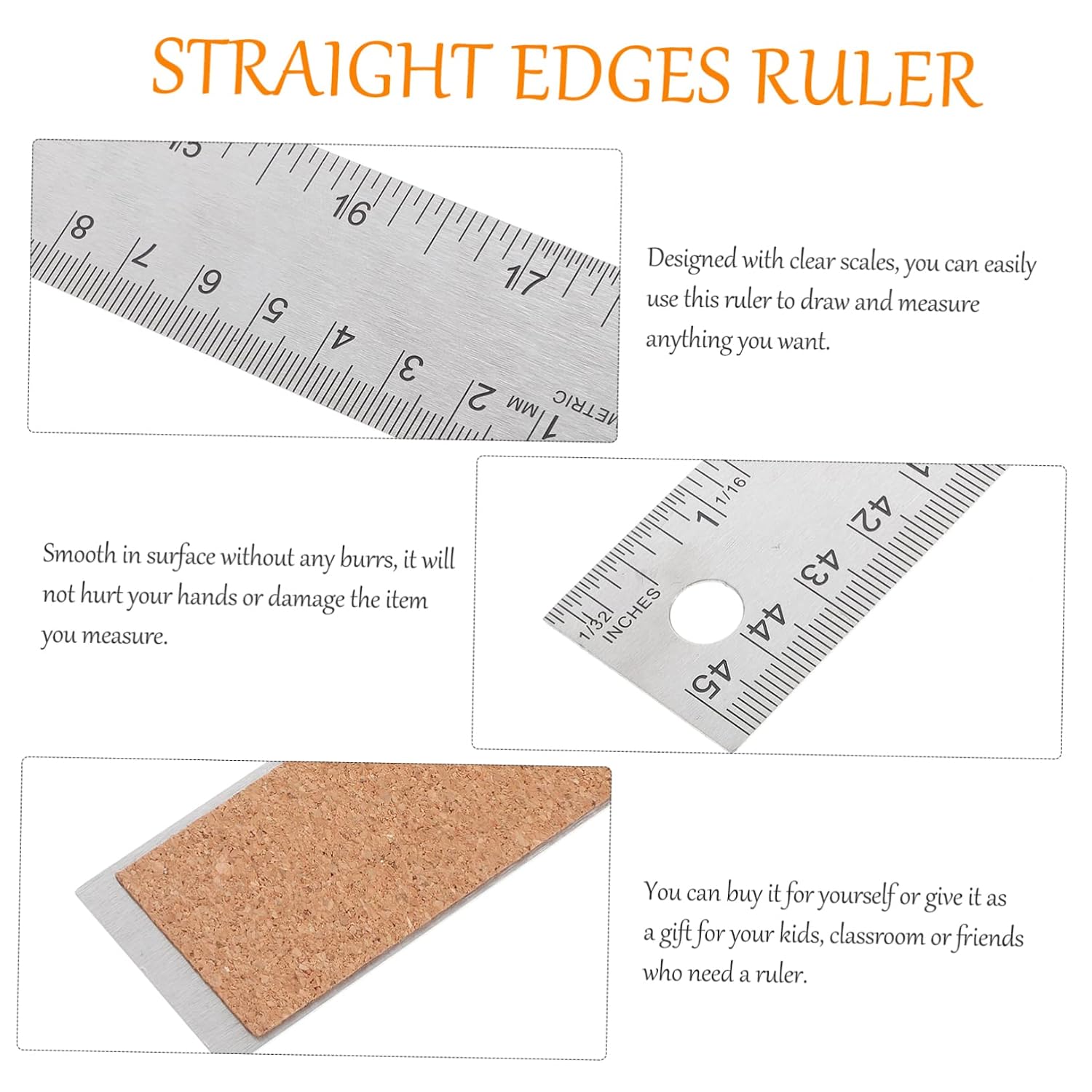 Stainless Steel Cork Ruler Precision Ruler for Drawing Metal Straight Edges Non-Slip