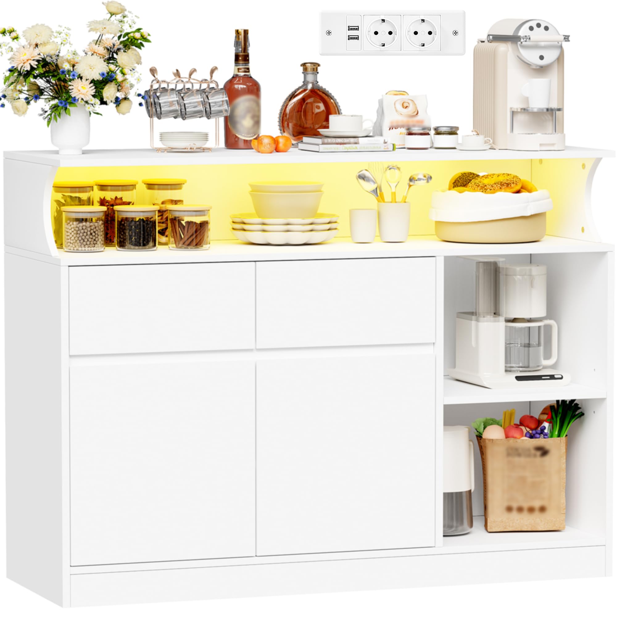 BEWISHOME Credenza cucina, mobile buffet, armadio domestico con multipresa e striscia luminosa a LED, piano di lavoro e 2 cassetti, ripiani regolabili, cucina, soggiorno, 100x80x35 cm, Bianco