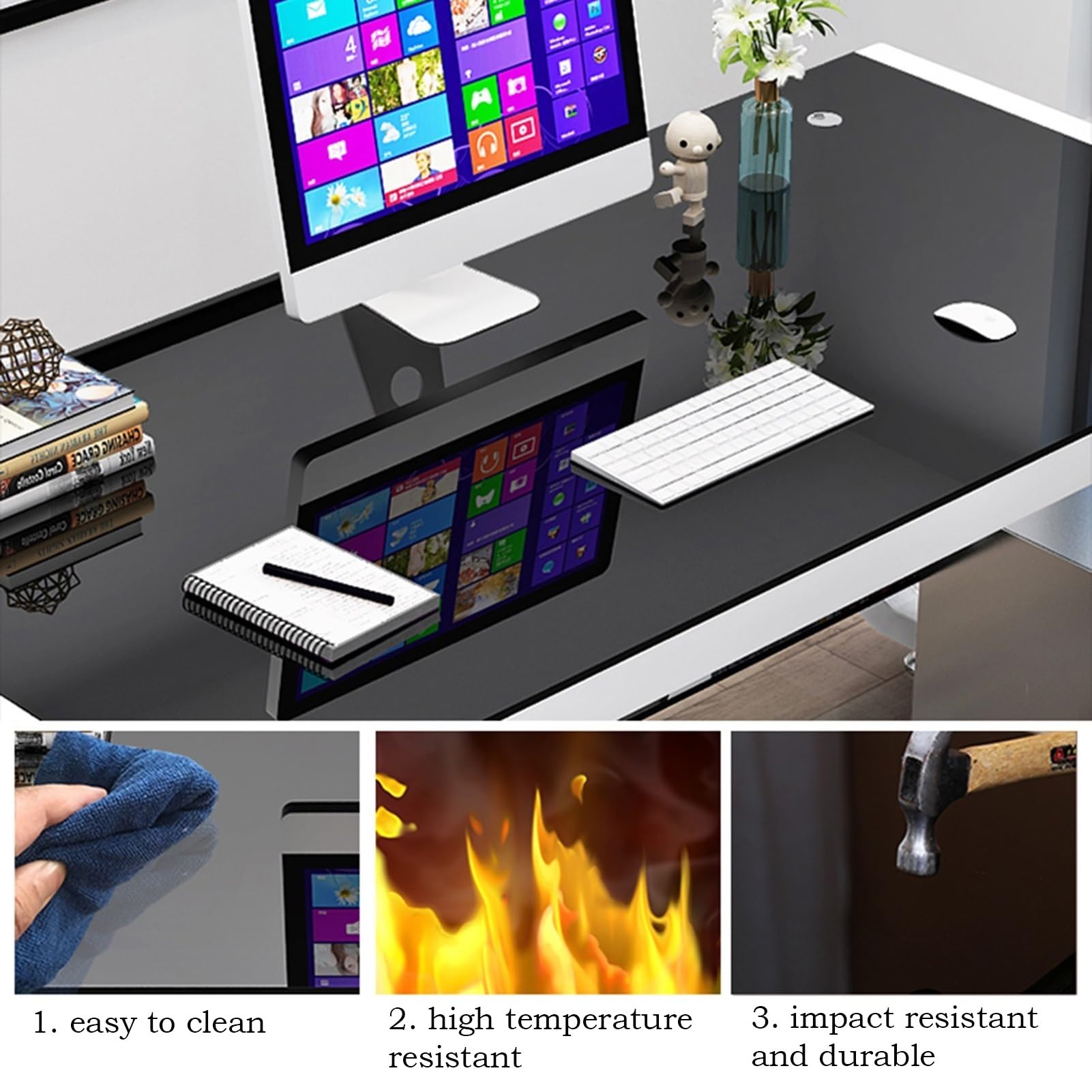Nowoczesne biurko komputerowe ze szkła hartowanego do domu i biura, stylowy stół do nauki do laptopa i gier, łatwy montaż, elegancki design do pracy i zabawy