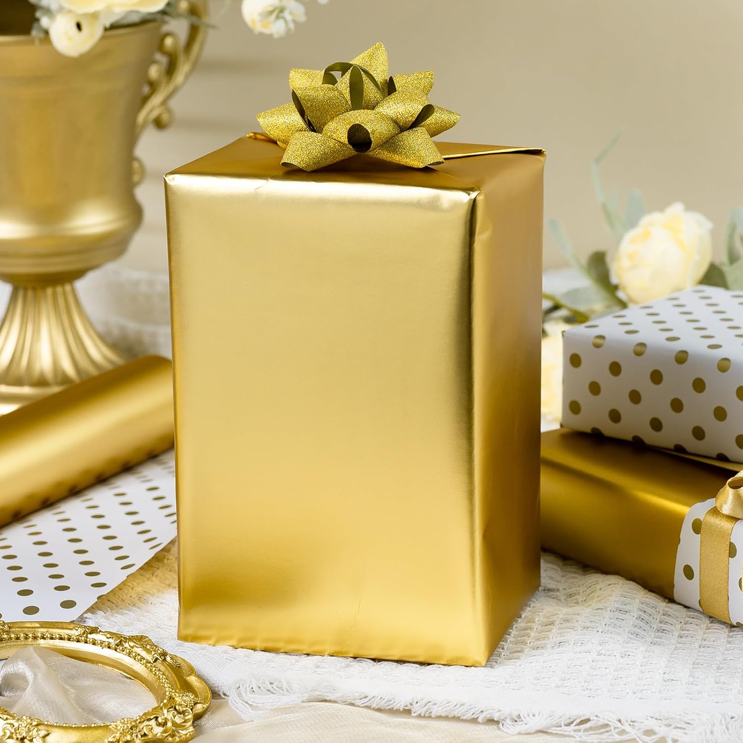 Garbendy Gold Gift Wrapping Paper Roll -Solid Color Pearly-Lustre Paper, Perfect for Wedding, Valentine's Day, Birthday, Christmas, Baby Shower, Party - 17 Inch X 33 Feet