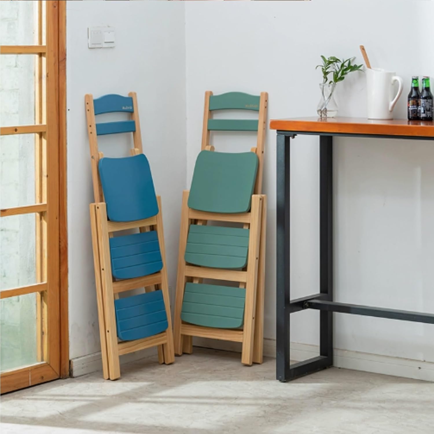 Height Foldable Stool Tall Stool,Solid wood Folding Bar Stool 3 Step Indoor Ladder Stool,Folding High Bar Counter Stool Portable Step Stool Chair ，Bathroom Storage Shelf for Adults Kitchen Outdoor(Gre