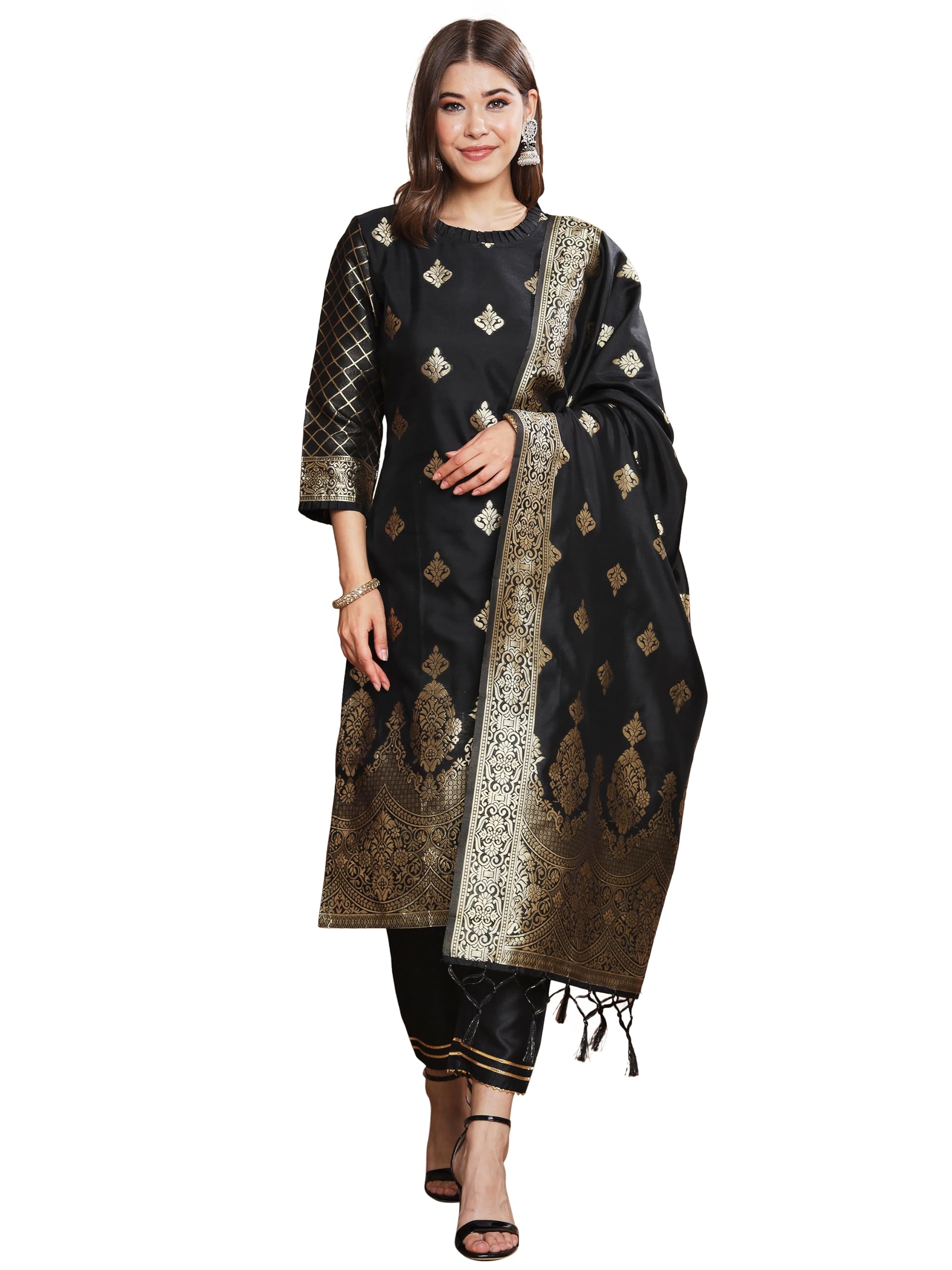 VredeVogel Women's Cotton Silk Jacquard, Banarasi Silk Kurta Pant With Dupatta Set