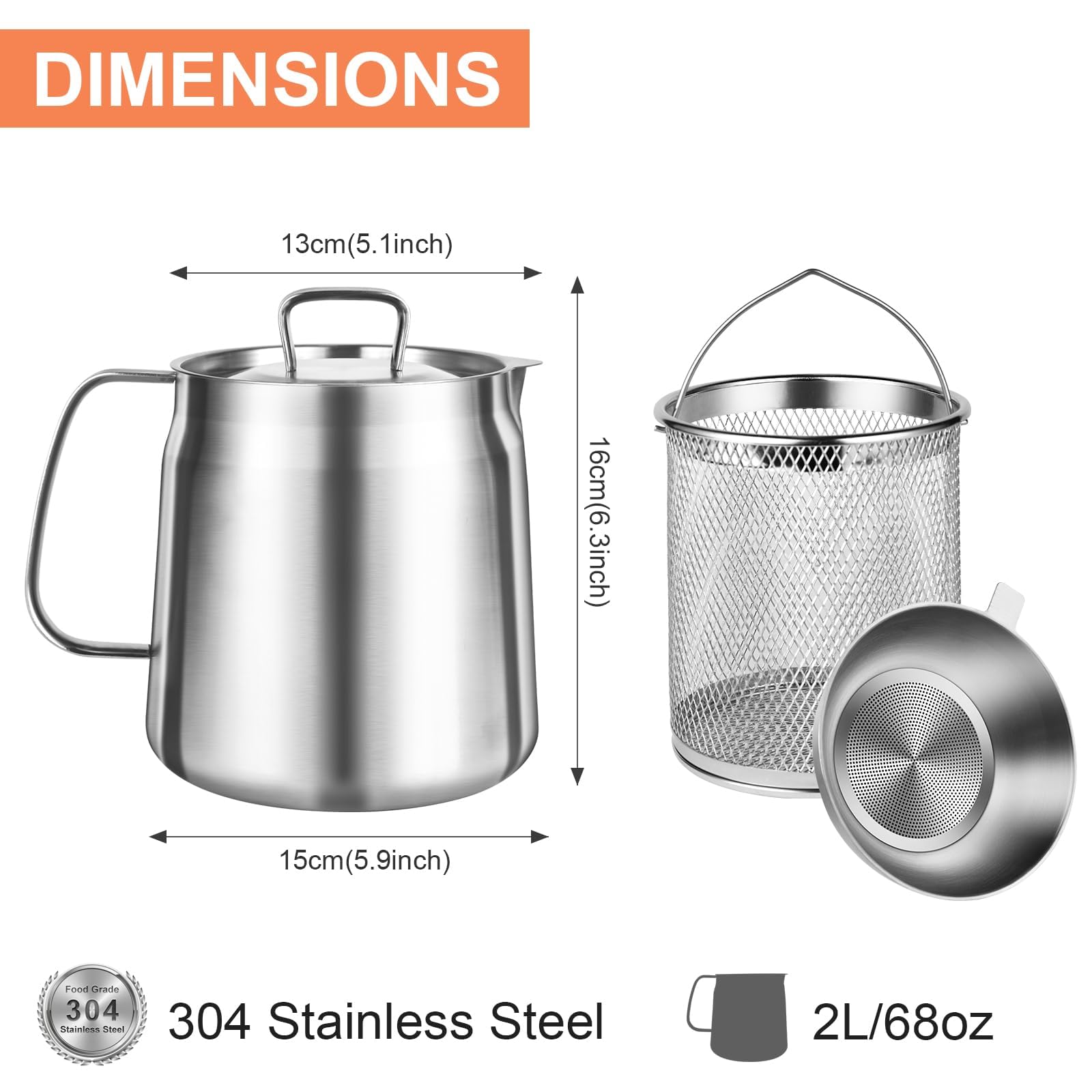 Pentola per frittura con filtro a maglia fine, in acciaio inox, contenitore per olio da 2 l e contenitore per grasso per frittura e grasso, utensili da cucina per separare alimenti e olio
