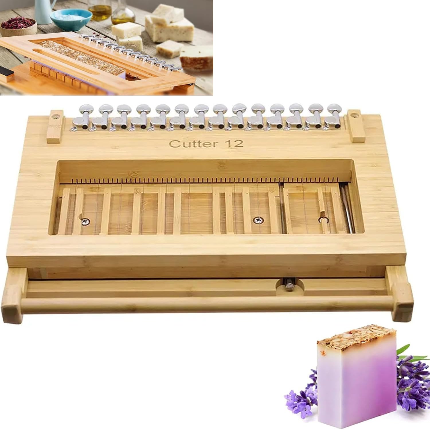 YXZYFPP Wooden Handmade Soap Slicer, Bamboo Soap Cutters with Storage Bag and 50 Pcs Steel Wire, 1.5/2/2.5/3/3.5/4 Cm Cutting Spacing Adjustable, Stable and Cutting Evenly
