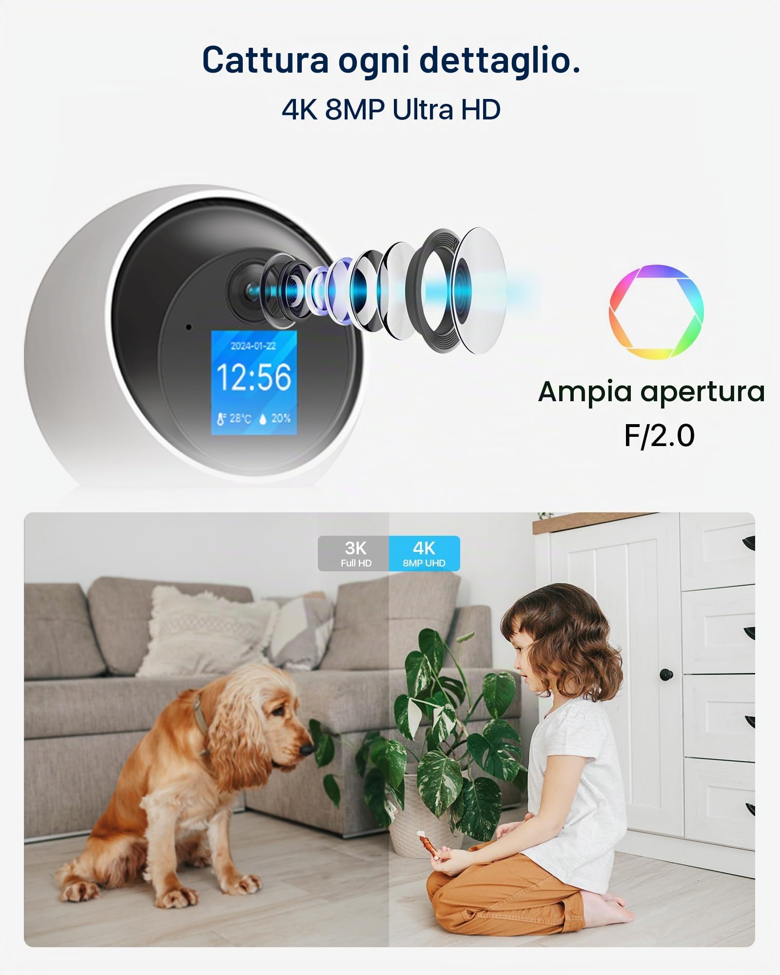 ZOSI 4K Telecamera WiFi Interna, 8MP Videocamera a 2,4/5GHz con 1,44" Monitor, Videochiamata con Tacco o Gesto OK, Pan 360°/Tilt 90°, Rilevamento di Persone con Auto-Tracking, C519