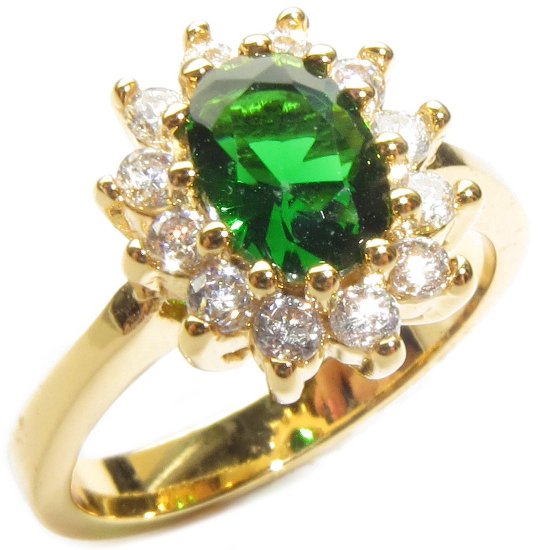 AH! JEWELLERY. 12 BEAUTIFUL BRILLIANT ROUND FINEST LAB DIAMONDS SURROUNDING A STUNNING OVAL EMERALD. 24CT GOLD ELECTROPLATED. AN ENCHANTING FASHION RING.
