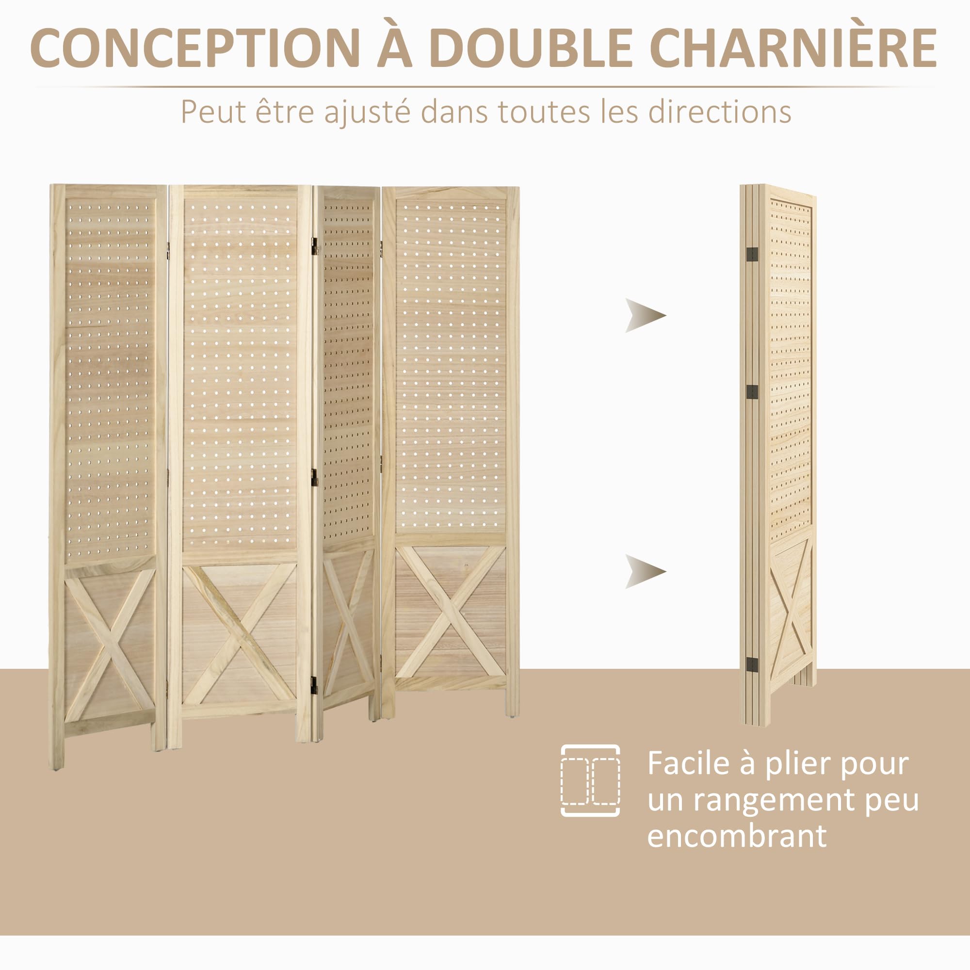 HOMCOM Paravent Intérieur en Bois 4 Panneaux 152 x 144,5 cm Bois Naturel | Panneau Perforé, Séparateur de Pièce Pliable, pour Salon, Chambre à Coucher, Maison