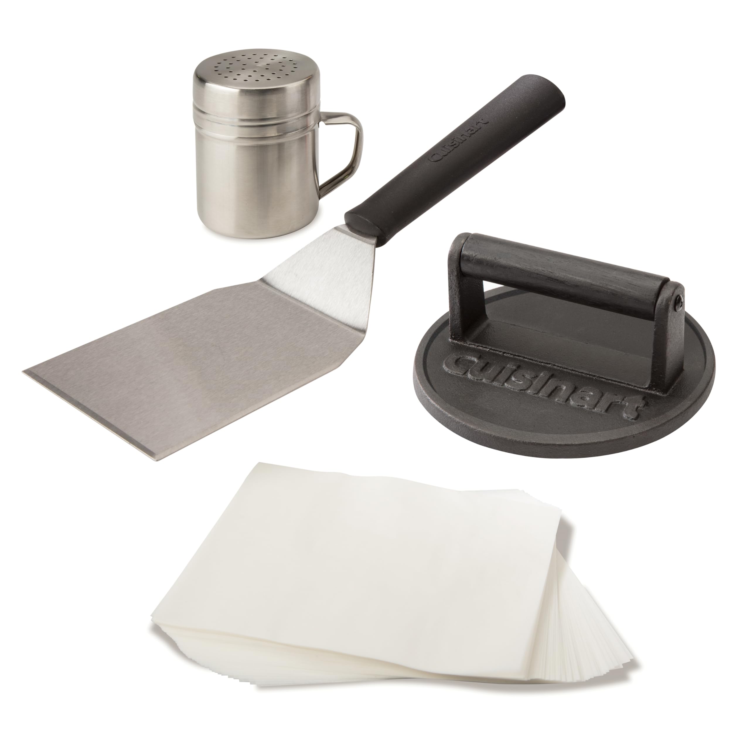 Cuisinart kit Presse à Burger Fonte 17 cm. Presse Smash Burgers avec spatule et Feuilles antiadhésives. Lourde pour Bords croustillants. BBQ, plancha, poêle, Indoor/Outdoor.