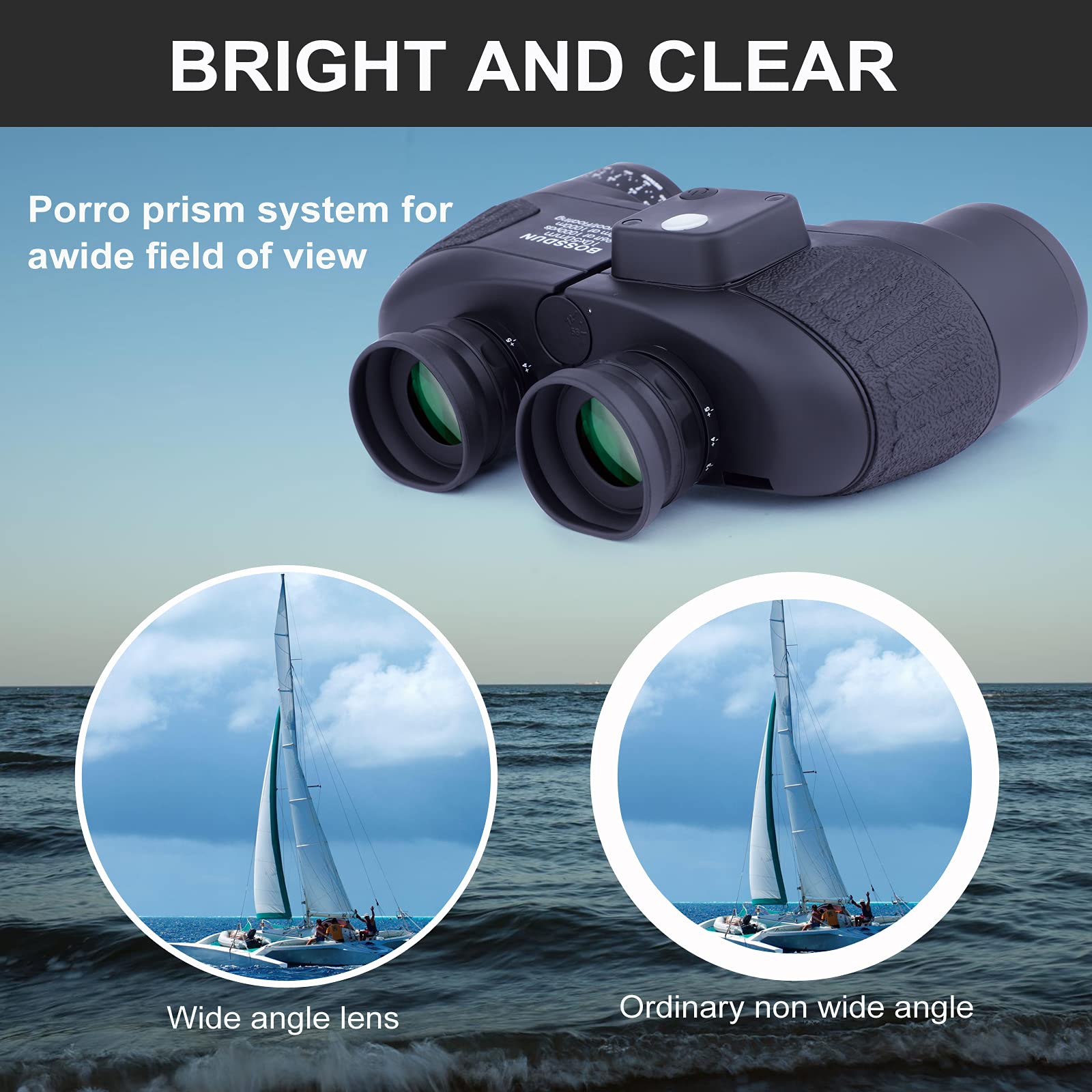 10x50 Binocolo Marino per Adulti, Binocoli Militare Impermeabile con Bussola Telemetro BAK4 Prisma Lente FMC Antiappannamento per la Navigazione Birdwatching Caccia (LP02B)