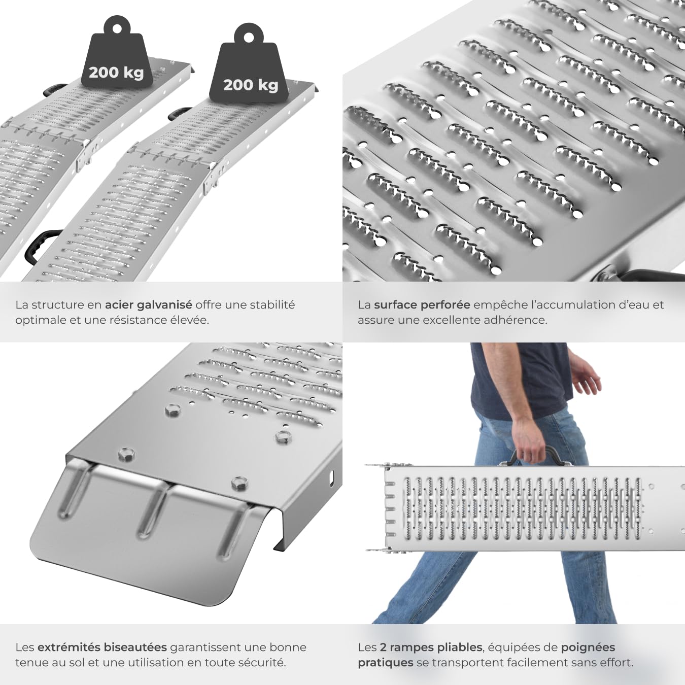 tectake® 2X Rampe d'accès 400 kg, Rampe de Chargement Pliable, en Acier galvanisé, Antidérapant, 200 kg pièce, 400 kg la Paire, Rampe Fauteuil Roulant Moto Quad Voiture Vélo éléctrique Tondeuse Chien