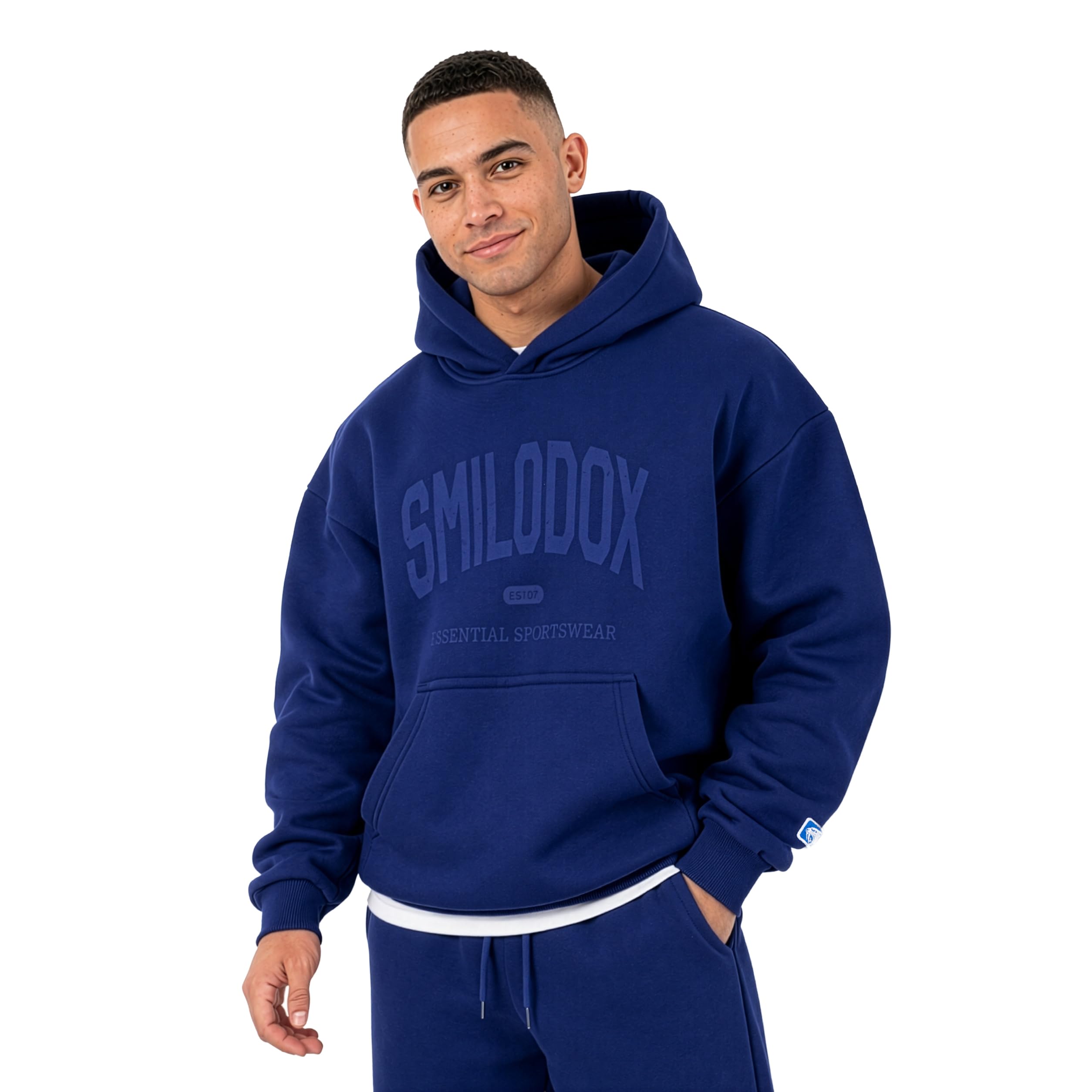 SMILODOX Hoodie Herren Oswin, Oversized Fit Kapuzenpullover mit Frontprint & gesticktem Patch, Tunnelzug-Kapuze, Sweater mit Kängurutasche, Rippbündchen, weiches Sweatmaterial, lässiger Look