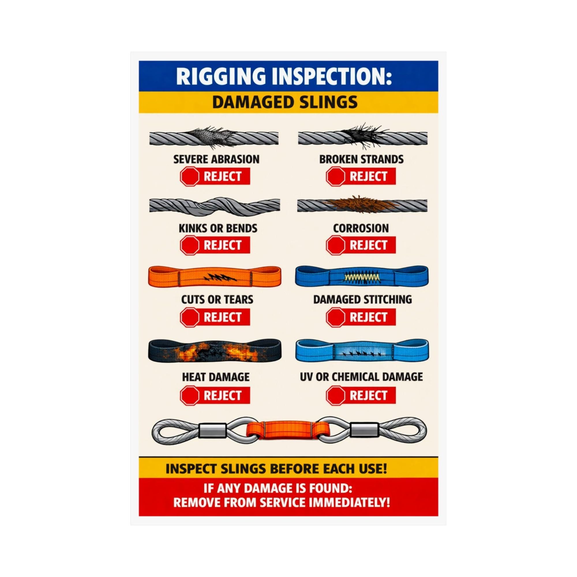 Rigging Slings Check Poster Canvas Print | Wire rope synthetic strap inspection visual with fade resistant ink on canvas(Framed,16x24inch(40x60cm))
