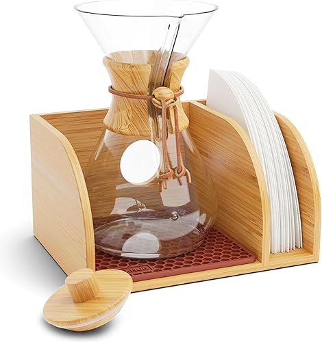 HEXNUB Organizador y tapa para cafetera, soporte de bambú para jarras Chemex, Bodum, Cosori, tapete resistente al calor, soporte de filtro para