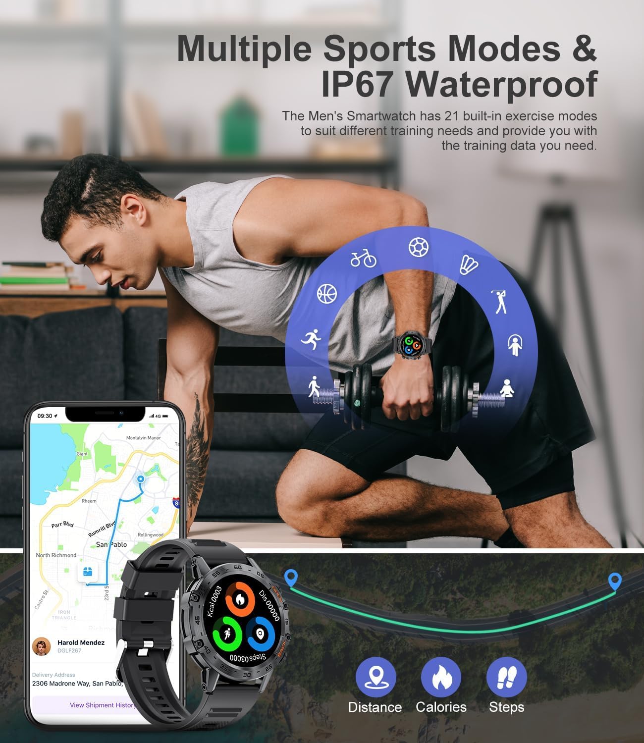 SUNKTA Smart Watch displaying multiple sports modes and fitness tracking data like distance, calories, and steps.