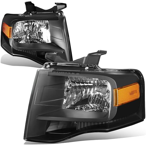 Auto Dynasty Headlights Assembly Compatible with 2007 2008 2009 2010 2011 2012 2013 2014 Ford Expedition, Headlamps Replacement, Driver and Passenger Side, Black Housing Amber Corner