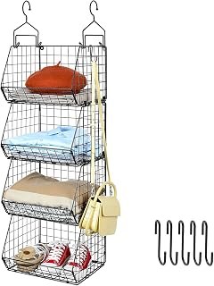 X-cosrack 4 Tier Foldable Closet Organizer, Clothes Shelves with 5 S Hooks, Wall Mount&Cabinet Wire Storage Basket Bins, for Clothing Sweaters Shoes Handbags Clutches Accessories Patent Design