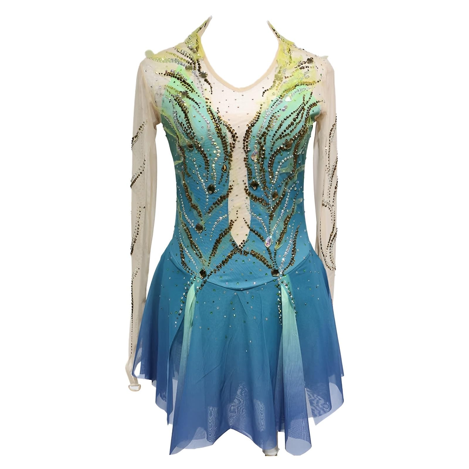 Girl's Figure Skating Dress with Rhinestone, Long Sleeves High Elasticity Ice Skating Dresses for Competition(XL) Blue